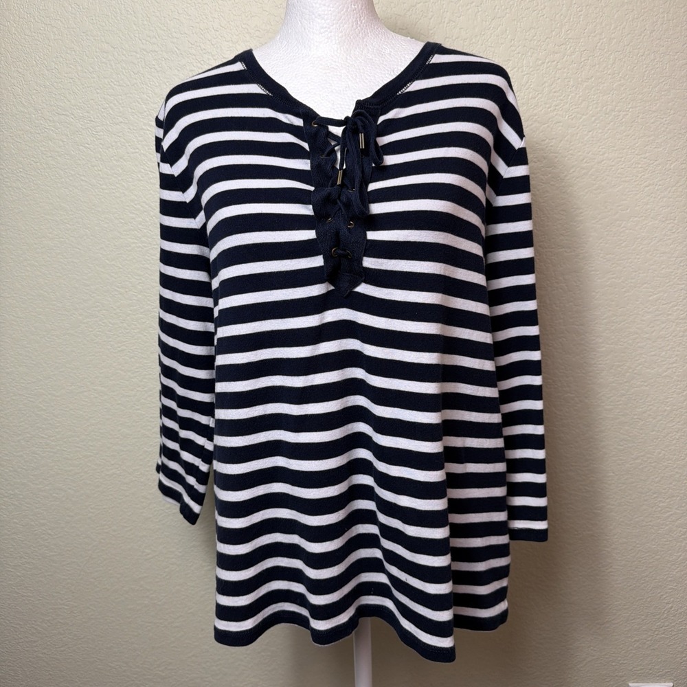 Lauren Jeans Co XL Shirt Navy Striped Lace Up Front Knit Top Women Ralph Lauren